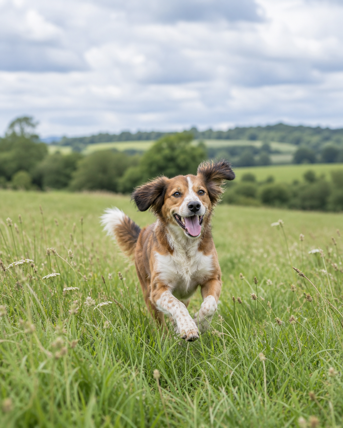 A happy dog running freely outdoors